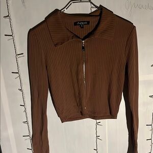 Brown Ribbed Zip-Up Top